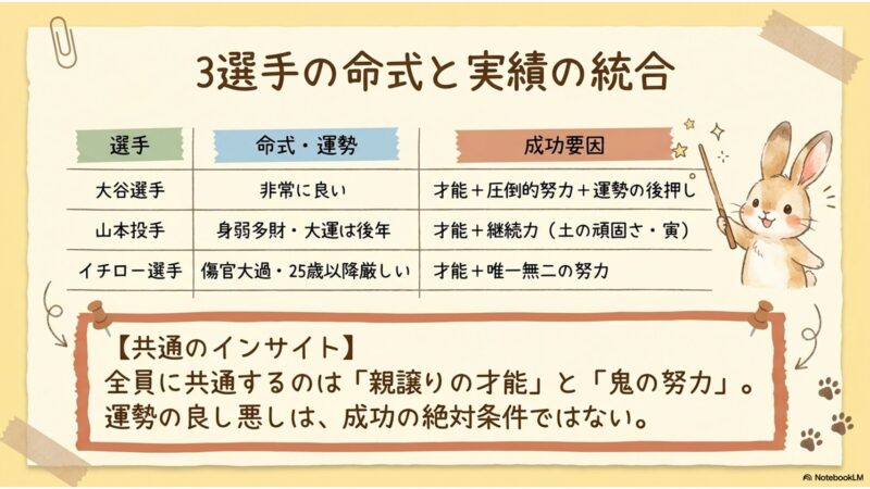 3選手の命式と実績の統合