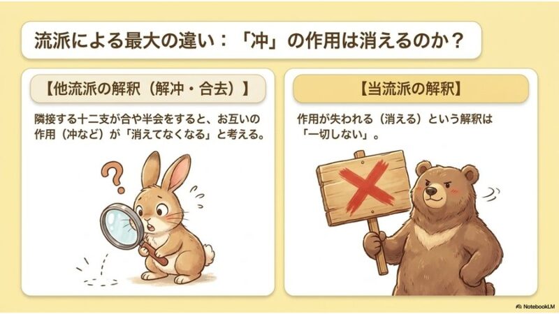 流派による最大の違い：冲の作用は消えるのか