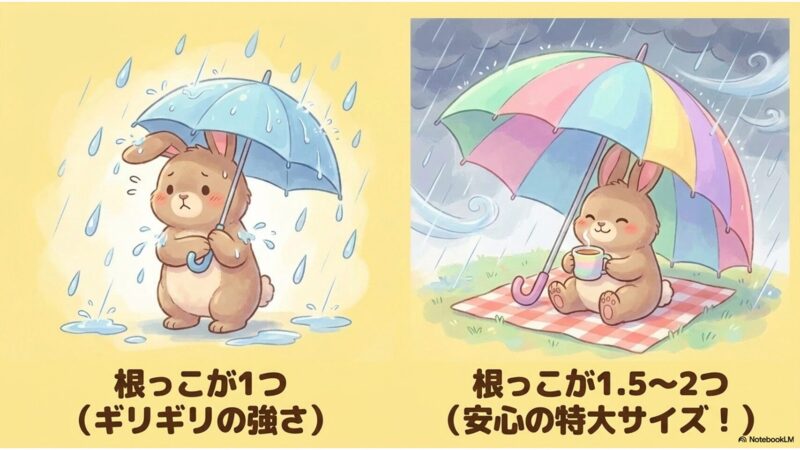 根っこが1つはギリギリ/1.5〜2つで安心