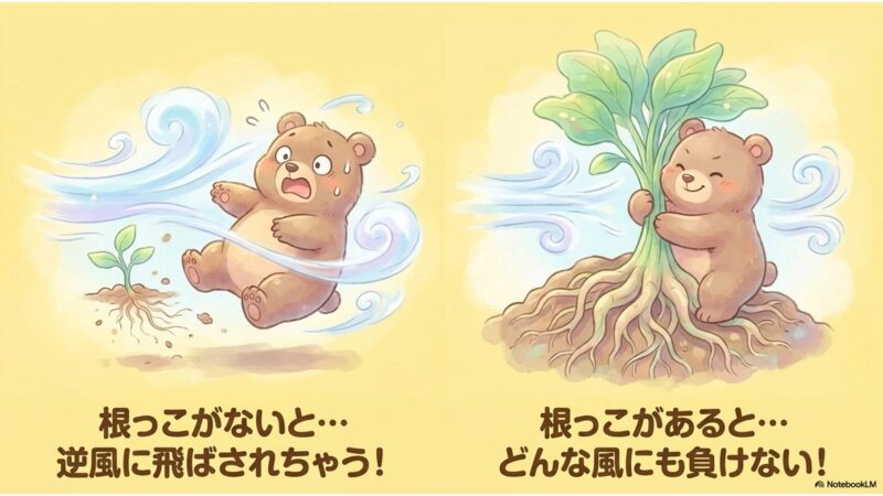 根っこがないと逆風に飛ばされる/あるとどんな風にも負けない