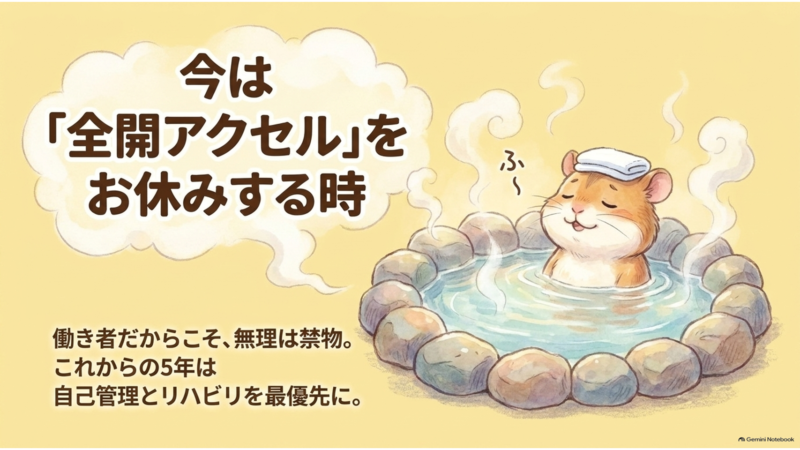 今は全開アクセルをお休みする時 働き者だからこそ無理は禁物 これからの5年は自己管理とリハビリを最優先に