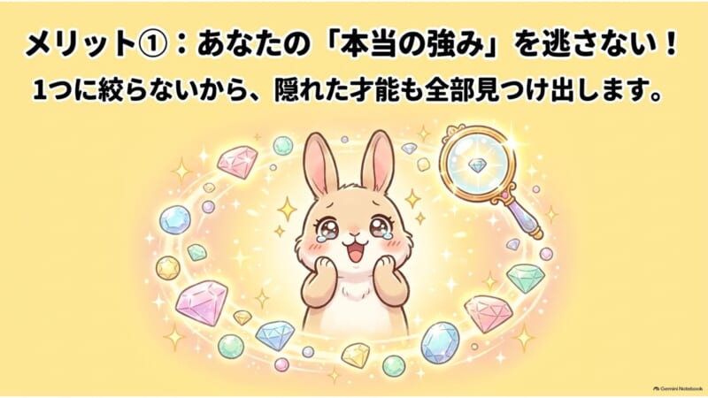 メリット1 あなたの本当の強みを逃さない 1つに絞らないから隠れた才能も全部見つけ出します