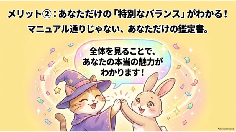 メリット2 あなただけの特別なバランスがわかる 全体を見ることで本当の魅力がわかります